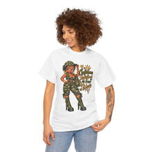 Load image into Gallery viewer, Camo Girl Graphic Tee – "Confidence Looks Good On Every Woman" Military Pinup T-Shirt