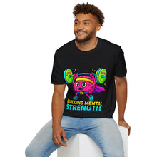 Load image into Gallery viewer, Man wearing a black t-shirt with a colorful graphic and text 'Building Mental Strength' on a white background
