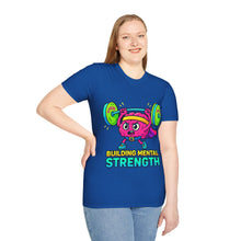 Load image into Gallery viewer, Person wearing a blue t-shirt with a colorful graphic and text 'Building Mental Strength' on a white background