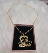 Load image into Gallery viewer, Betty Boop Personalized name pendant necklace in a pink and black jewelry box.