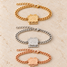 Load image into Gallery viewer, Personalized Betty Boop Cuban link bracelets in gold, silver and rose gold with script, Gothic and box script name examples
