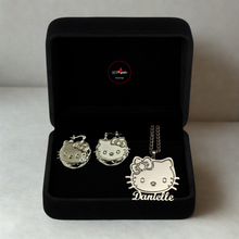 Load image into Gallery viewer, Hello Kitty silver jewelry set in a black box with the name 'Danelle' on necklace.