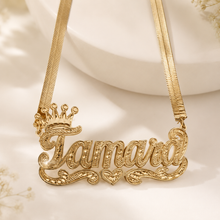 Load image into Gallery viewer, Gold double plated name herringbone necklace with a heart designed bar.