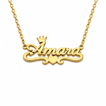 Load image into Gallery viewer, Gold necklace with 'Amanda' and a crown design on a white background