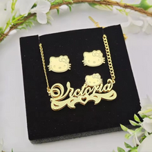 Load image into Gallery viewer, Glam Kitty Collection Personalized 3D Double Plated Necklace and Earrings Set with Diamond Cuts