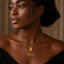 Load image into Gallery viewer, Black woman model wearing 18K gold plated double layered bunny pendant and personalized Alicia name necklace
