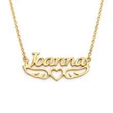 Load image into Gallery viewer, Gold angel wings personalized necklace with 'Joanna' and heart design on a white background