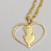 Load image into Gallery viewer, Gold necklace with a heart-shaped pendant featuring a Betty Boop design on a gray background