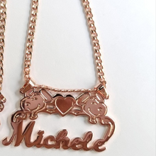 Load image into Gallery viewer, Rose gold necklace with Snoopy personalized name 'Michele' engraved on a white background