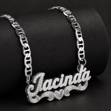 Load image into Gallery viewer, Silver chain necklace with 'Jacinda' double plated pendant on a dark background