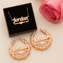 Load image into Gallery viewer, Personalized Necklace and Earrings Heart Bar Set