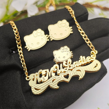 Load image into Gallery viewer, Glam Kitty Collection Personalized 3D Double Plated Necklace and Earrings Set with Diamond Cuts