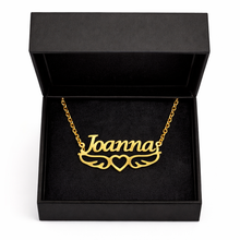 Load image into Gallery viewer, Gold angel wings necklace with 'Joanna' in a black box
