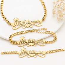 Load image into Gallery viewer, Custom Name Jewelry Set Gold | HMULadies Necklace & Bracelet Set + Optional Anklet | Personalized Cuban Link Jewelry Gift for Her
