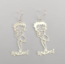 Load image into Gallery viewer, Silver earrings with 'Betty Boop' design on a gray background