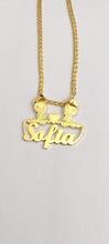 Load image into Gallery viewer, Gold necklace with Tweety with the name 'Sofia' pendant on a light gray background.