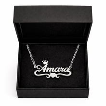Load image into Gallery viewer, Silver 'Amara' necklace with a crown in an open black box