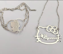 Load image into Gallery viewer, Hello Kitty Personalized Bracelet & Necklace Set | Custom Name Jewelry in Silver, Gold, or Rose Gold | Adjustable Chain Styles | Sanrio Gift for Her