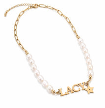 Load image into Gallery viewer, Personalized Pearl Necklace Gold Pendant Name Necklace