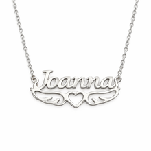 Load image into Gallery viewer, Silver angel wings name necklace with 'Joanna' and a heart on a white background