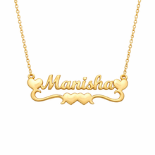 Load image into Gallery viewer, Gold name necklace with double hearts bar with a heart in front and behind 'Manisha' on a white background
