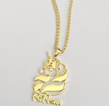 Load image into Gallery viewer, Gold unicorn-shaped personalized pendant necklace on a light gray background