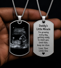 Load image into Gallery viewer, Personalized Ultrasound Necklace for Dad, Daddy’s Little Miracle Dog Tag, Custom Sonogram Necklace, New Dad Gift, Pregnancy Announcement