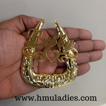 Load image into Gallery viewer, Personalized Bubble Triangle Gold Plated 70mm Name Earrings