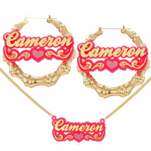 Load image into Gallery viewer, Gold Plated Bamboo Earrings/Necklace Set With Acrylic Name Plate For Women/Girls