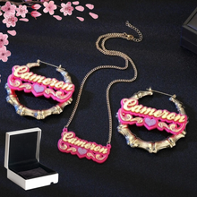 Load image into Gallery viewer, Acrylic and Stainless Steel hold plated personalized necklace and earrings set
