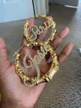 Load image into Gallery viewer, 18k Personalized CZ Bamboo Hoop Earrings