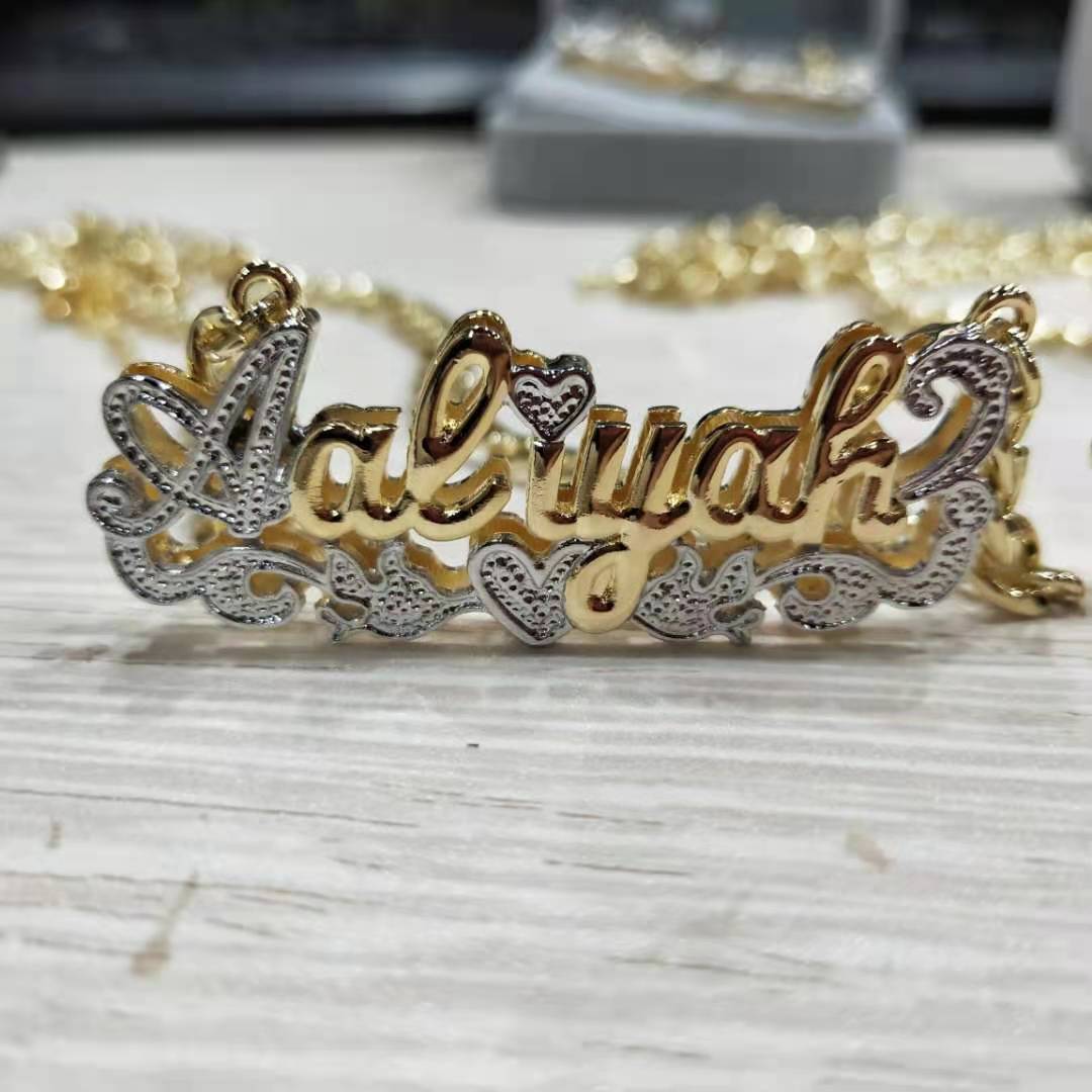 Double Plated Name Necklace, Custom Heart Necklace