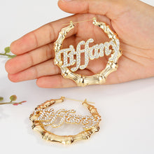Load image into Gallery viewer, 18k Personalized CZ Bamboo Hoop Earrings