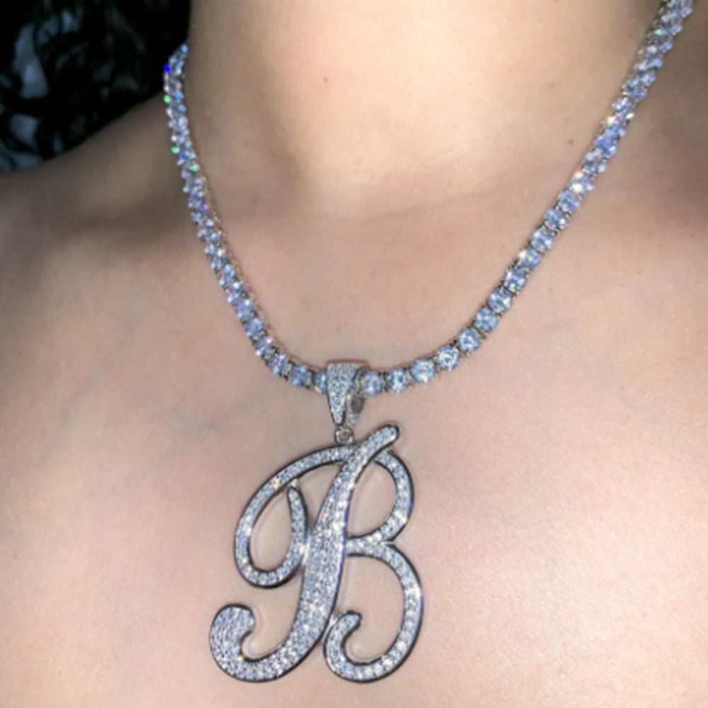 HMU Ladies Iced Out CZ Tennis Chain with Cursive Letter A-Z Pendant