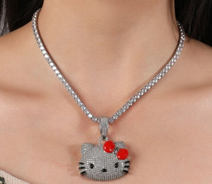 Luxury Iced Out Cubic Zirconia Micro-Paved Handmade Kawaii Hello Kitty Pendant Necklace