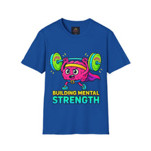 Load image into Gallery viewer, Blue t-shirt with cartoon character lifting weights and 'Building Mental Strength' text on a white background
