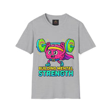 Load image into Gallery viewer, Gray t-shirt with colorful graphic of a character lifting weights and text 'Building Mental Strength' on a white background.
