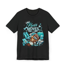 Load image into Gallery viewer, Black t-shirt with 'Boss Moves' graphic design on a white background

