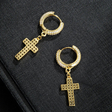 Load image into Gallery viewer, CZ Micro Paved Unisex Cross Dangle Hoop Earrings
