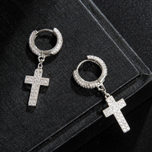 Load image into Gallery viewer, CZ Micro Paved Unisex Cross Dangle Hoop Earrings
