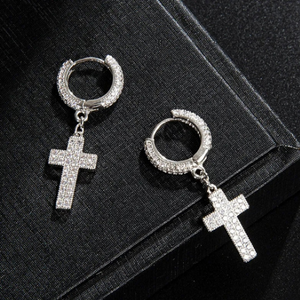 CZ Micro Paved Unisex Cross Dangle Hoop Earrings