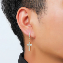 Load image into Gallery viewer, CZ Micro Paved Unisex Cross Dangle Hoop Earrings
