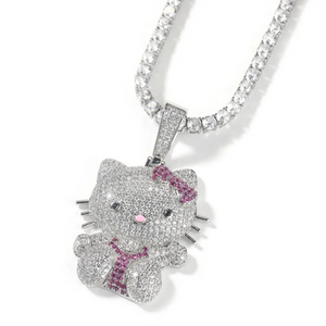 Luxury Iced Out Cubic Zirconia Micro-Paved Handmade Kawaii Hello Kitty Pendant Necklace