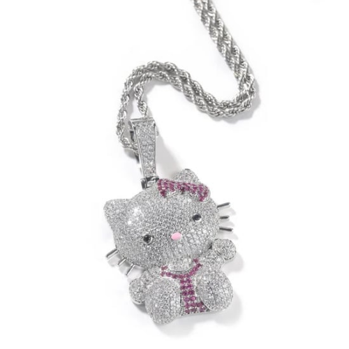 Luxury Iced Out Cubic Zirconia Micro-Paved Handmade Kawaii Hello Kitty Pendant Necklace