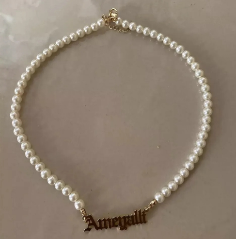 Personalized Pearl Necklace Gold Pendant Name Necklace