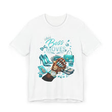 Load image into Gallery viewer, White t-shirt with 'Boss Moves' graphic design featuring high heels, a handbag, and other elements on a white background.
