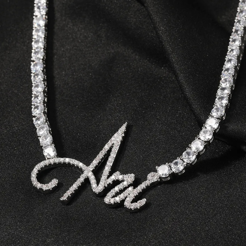 Luxury Style Cursive Letters CZ Personalized Tennis Necklace