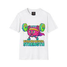 Load image into Gallery viewer, White t-shirt with colorful graphic of a character lifting weights and 'Building Mental Strength' text on a white background.
