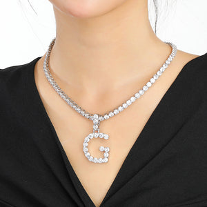 Zircon 5mm Silver Initial Blinged out Pendant and Tennis Necklace