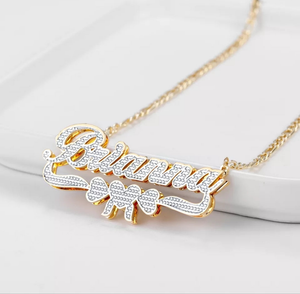 3D Personalized Double Plate Two Tone Heart Name Necklace